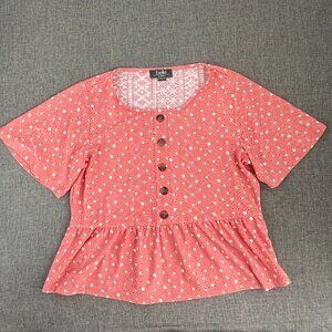 Belle By Belldini Peplum Top Polka Dots Peachy Pink Round Neck Wide Short Sleeve